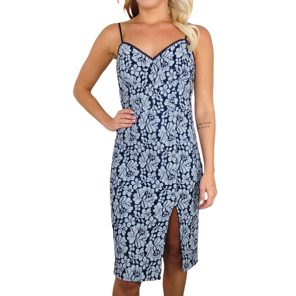 Cynthia Steffe Blue Chambray Denim Floral Lace Sweetheart Midi Dress Size 2